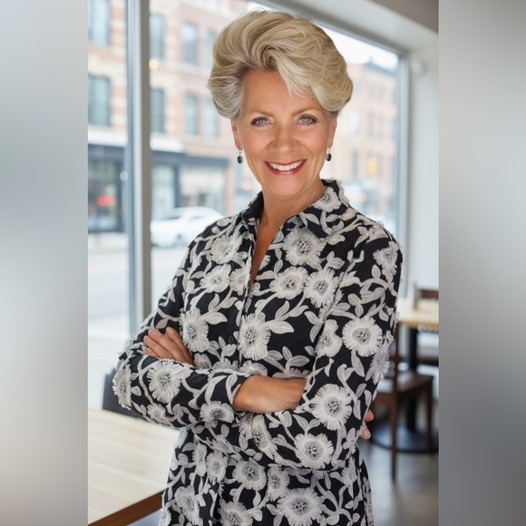 Chico’s Textured Flower Black White Blouse Jacket SZ Chico’s (2) u.s. 12 - Picture 1 of 8